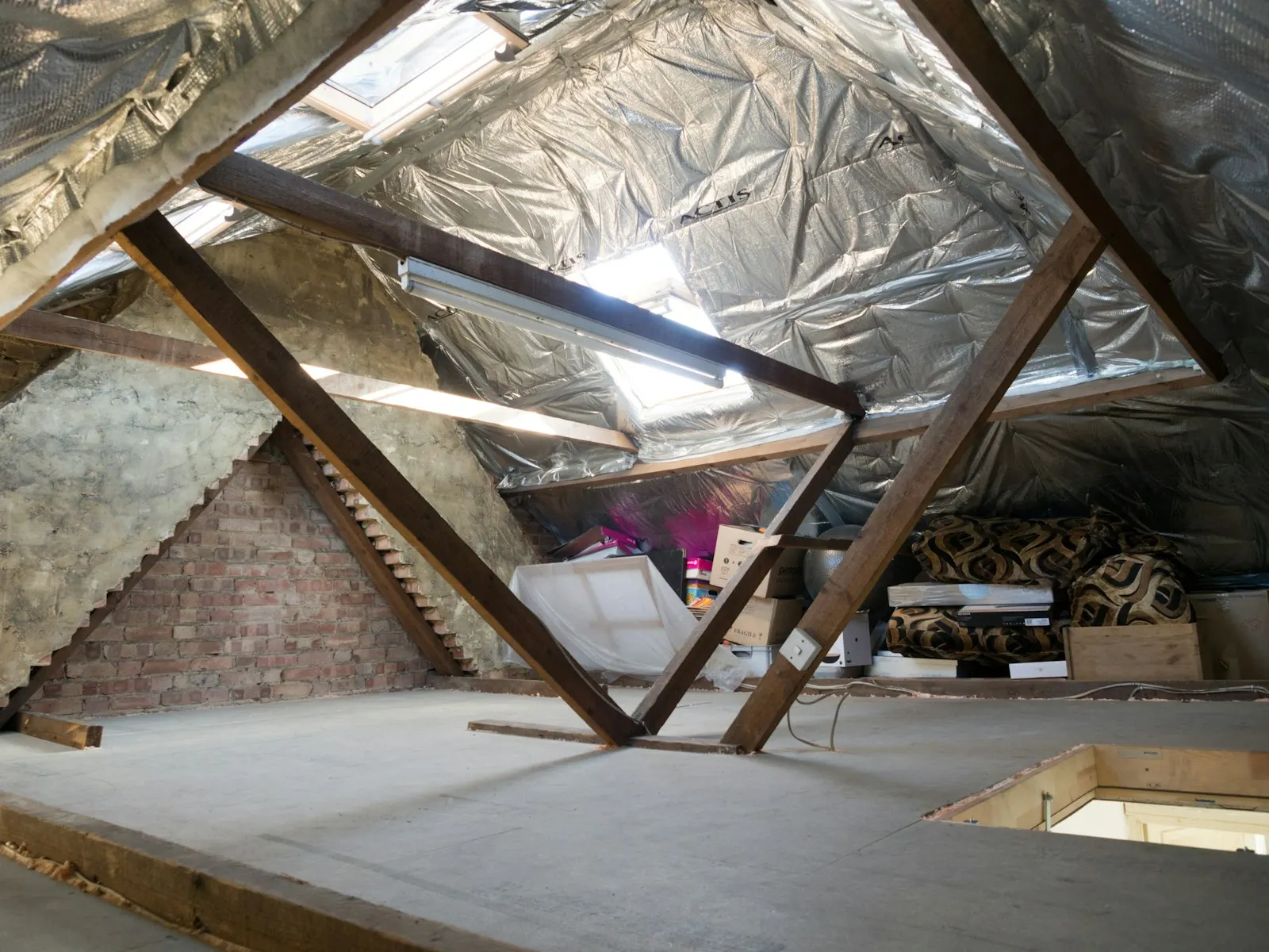 Roof space lined with foil-faced insulation between timber rafters
